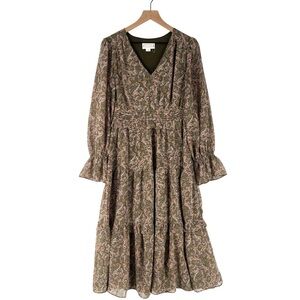Love Riche Chiffon Olive Paisley Ruffle‎ Long Sleeve Peasant Tiered Maxi Dress M